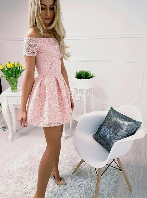 Blush Off Shoulder Homecoming Dresses Lace Kelly Pink DZ3016