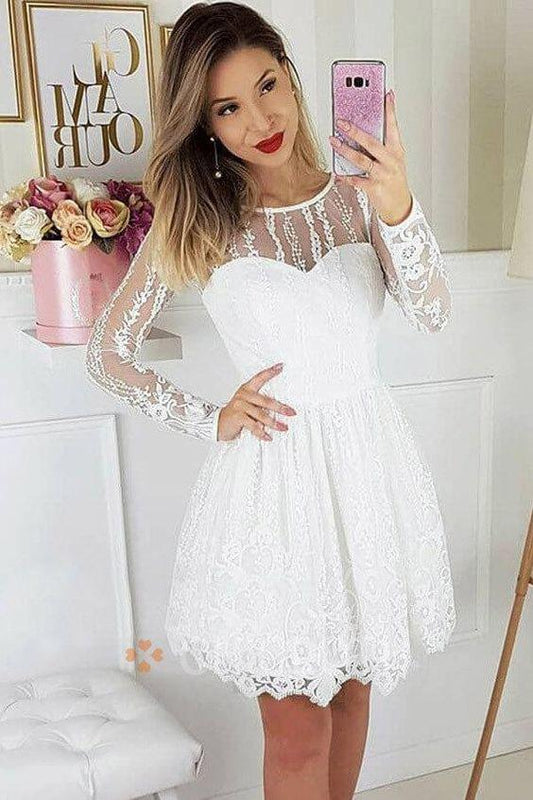 A-Line Round Neck Long Sleeves White Short Party Homecoming Dresses Lace Briley Dress DZ3017