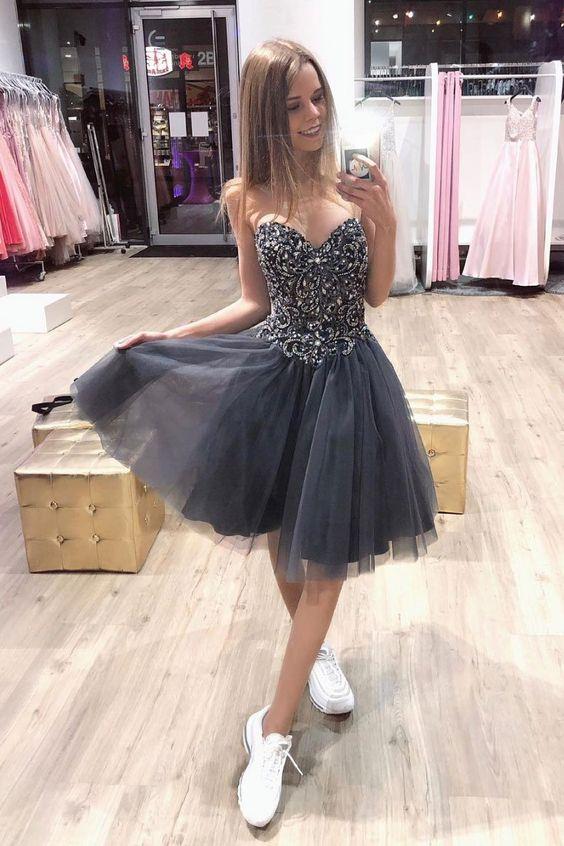 Sweetheart Gray Lace Homecoming Dresses Anahi Tulle Beaded Up Short Party Dress DZ3108