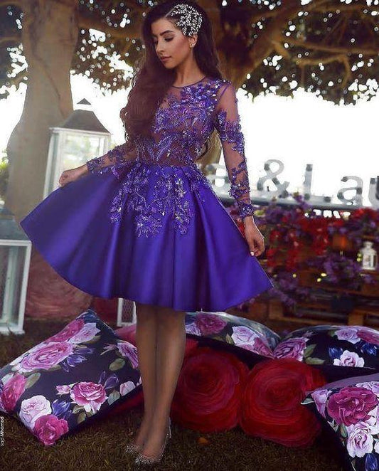 A-Line Round Homecoming Dresses Royal Blue Alyssa Neck Long Sleeves Short With Appliques DZ312
