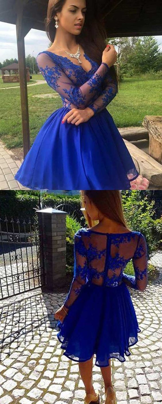 Caylee Homecoming Dresses Lace Royal Blue Long Sleeves Dresses Short Short DZ314