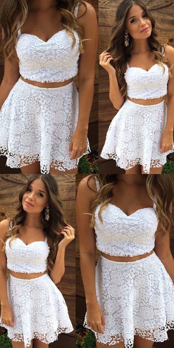 Cocktail Lace Homecoming Dresses Charlotte Two Piece Straps Short White Dress Cheap DZ319