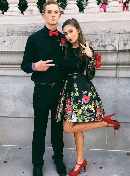 Two Piece Jewel Bodice Long Sleeve With Floral Print Satin Homecoming Dresses Lace Vivien Skirt DZ3276