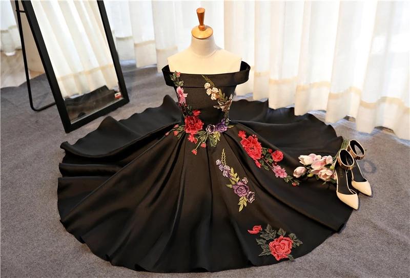Beautiful Black Tea Length Party Floral Bridget Homecoming Dresses Satin Black Formal Dress DZ3290