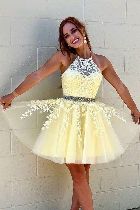 Jewel Up Back Yellow Lace Patricia A Line Homecoming Dresses With Appliques Beading DZ3338