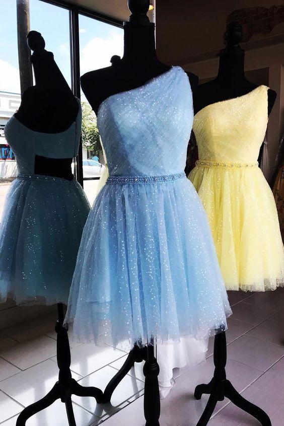 Sparkly Tulle One Shoulder Saniya Homecoming Dresses Yellow DZ3352