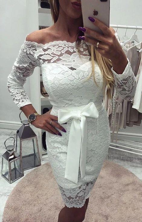 Sheath Off-The-Shoulder Long Sleeves Above-Knee White Homecoming Dresses Lace Morgan DZ3499