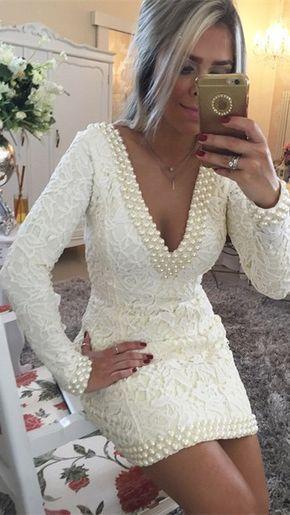 A-Line Homecoming Dresses Daphne Lace V-Neck Long Sleeves Short/Mini With Pearls Dresses DZ352