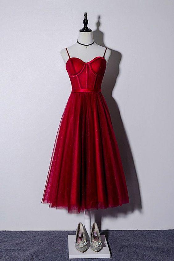 Wine Red Tulle Tea Length Sweetheart Neck Harriet Homecoming Dresses Corset Dress DZ3526