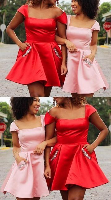 Cap Sleeves Pink Homecoming Dresses Satin Cocktail Brynlee Mini Red/ Party Dress DZ3546