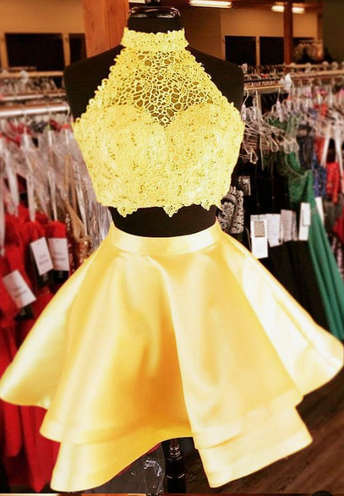 Two Piece Caitlin Homecoming Dresses Short Dresses Yellow DZ3551