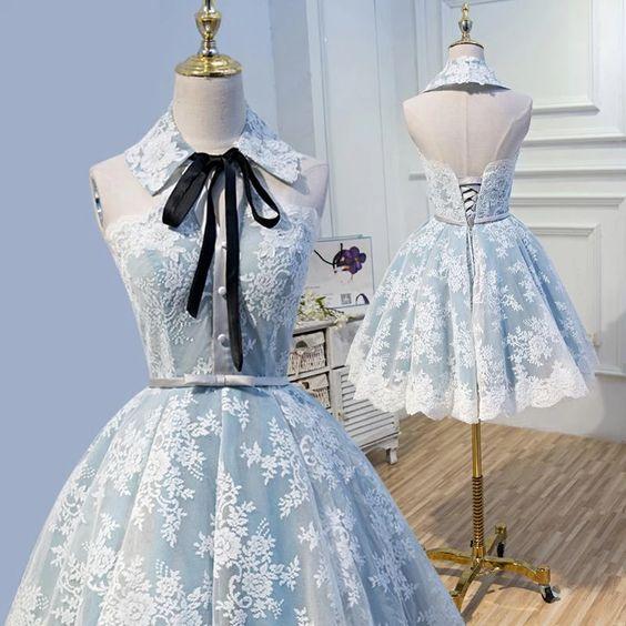Halter Light Sky Blue Appliques Lace Finley Cocktail Homecoming Dresses With Up Dresses DZ3664