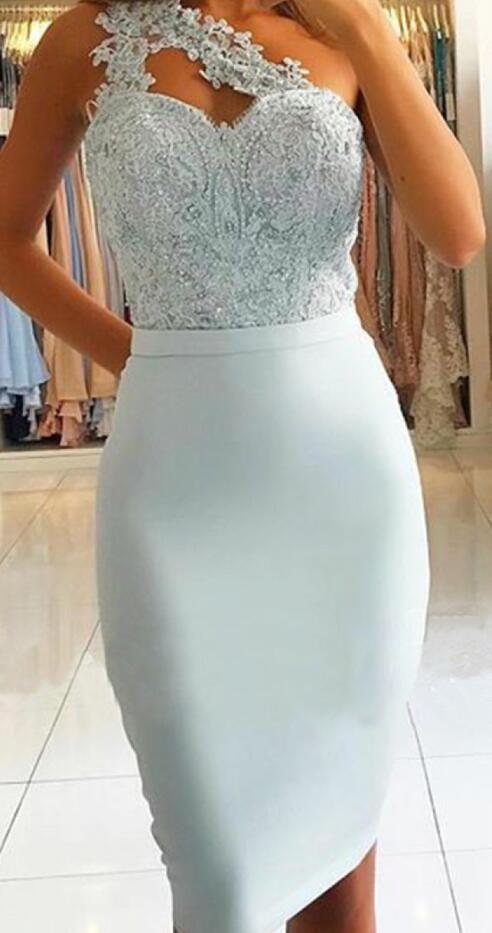 Sheath One Shoulder Light Homecoming Dresses Lace Micah Blue Knee-Length With Beading DZ374