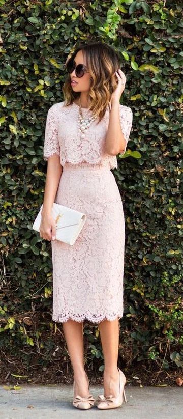 Two Piece Dress Pink Cocktail Lauren Homecoming Dresses Lace Short Sleeves Midi DZ3759