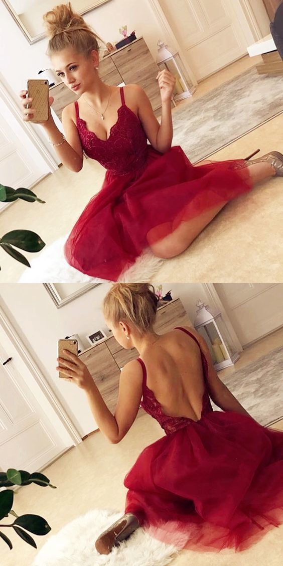 Sexy Backless Red Sleeveless Tulle Isabela Homecoming Dresses Lace Short Party Dress With DZ377