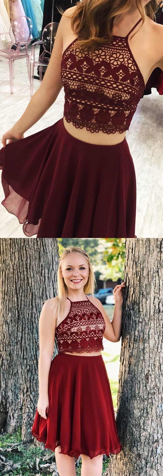 Two Piece Short Kinley Homecoming Dresses Burgundy DZ378