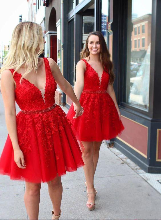 Cute Red V Lace Lauryn Homecoming Dresses Neck Tulle Short Dress Red DZ3827