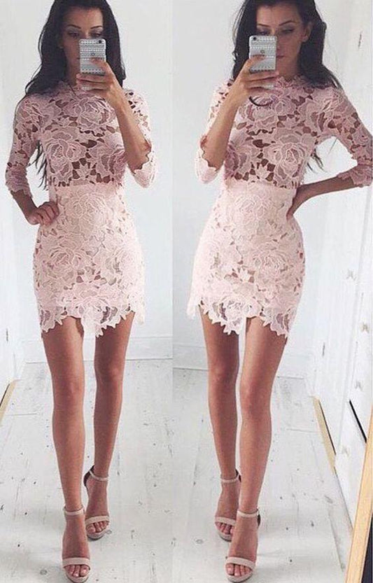 Lace Homecoming Dresses Tess Pink Sexy Long Sleeves Short Bodycon Dress Cheap DZ385