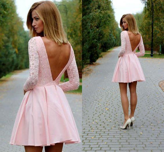 Sexy Mini Long Sleeves Party Dress Deep V Back Backless Lace Finley Pink Homecoming Dresses Club Dresses DZ386