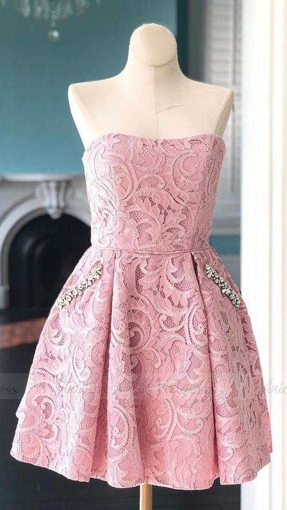 Short Homecoming Dresses Lace Lorelai Pink Strapless With Pockets DZ3877