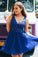 A-Line Royal Blue Homecoming Dresses Mattie V-Neck Short Backless With Appliques DZ3909