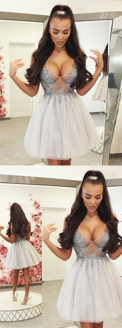Sexy A-Line V-Neck Short Tulle With Homecoming Dresses Margaret Ivory Beading DZ394