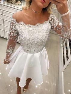 New Homecoming Dresses Teresa Arrival A-Line Round Neck Long Sleeves White Pearls Short DZ396