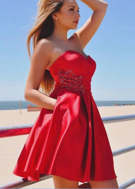 Red Tabitha Satin Homecoming Dresses Soft Sweetheart Strapless With Bow Applique Pockets DZ3969
