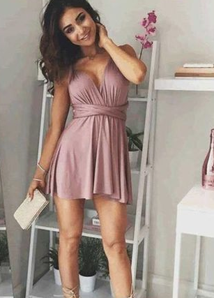 A-Line Deep V-Neck -Up Nathalie Homecoming Dresses Chiffon Lace Pink Blush DZ3998