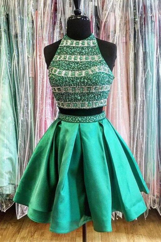 Homecoming Dresses Satin Two Pieces Krystal Morden Green s Beading Round Neck Short DZ4003