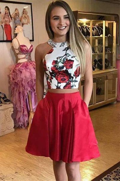 Two Piece Homecoming Dresses Jessie A Line Floral Red Short With Pocket Simple Knee Length Graduation Party Dress DZ407