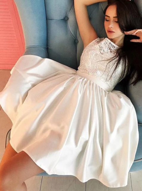 White Lace Homecoming Dresses Satin Miranda Short Dress DZ4103