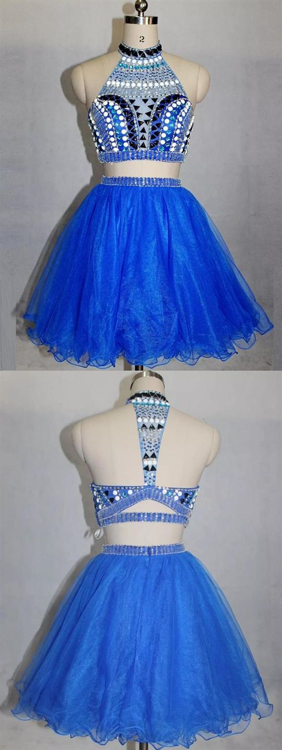 Blue High Neck Homecoming Dresses Ally Two Pieces Cocktail Beaded Short Dresses DZ413