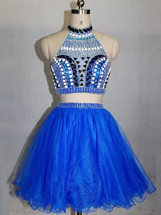 Blue High Neck Homecoming Dresses Ally Two Pieces Cocktail Beaded Short Dresses DZ413