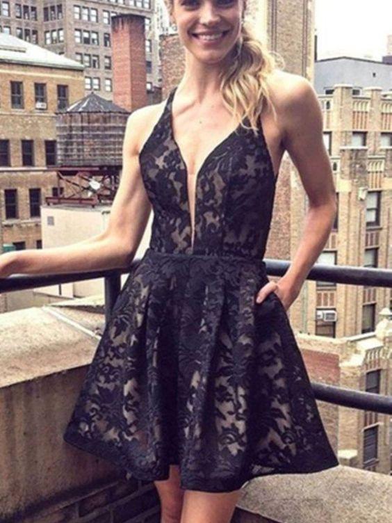 A-Line Deep V-Neck Short Black With Pockets Lace Homecoming Dresses Amiyah DZ427