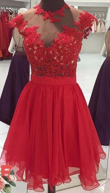 Red With Appliques Kristin Homecoming Dresses Lace Beaded High Collar Graduation Gown DZ4314