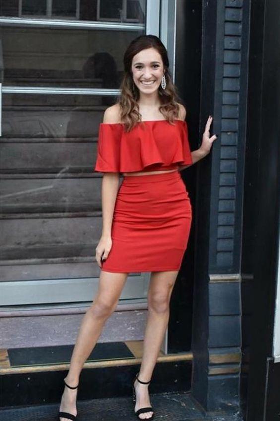Two Piece Shayla Homecoming Dresses Off-The-Shoulder Above-Knee Red With Ruffles DZ4447