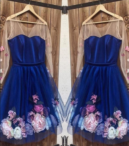 Long Sleeves 3D Floral Short Blue Dresses Short Blue Formal Graduation Gillian Homecoming Dresses DZ4513