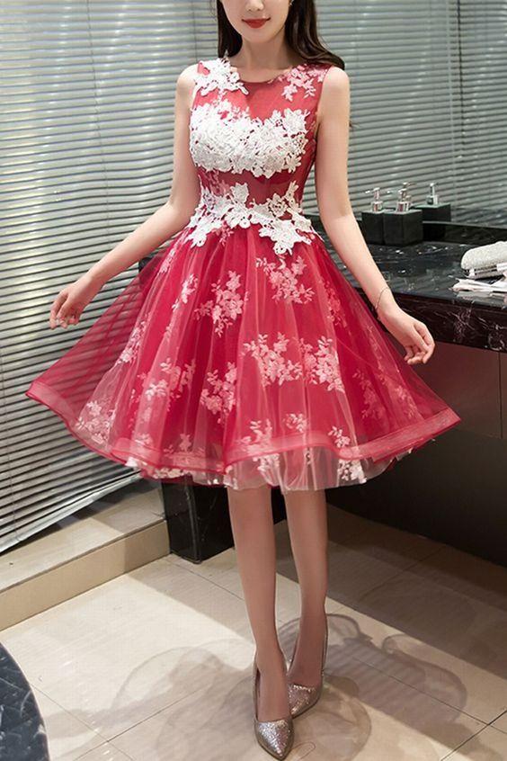 And Appliques Gown Short Dress Cute Dress Red Kenya Homecoming Dresses Lace Tulle DZ4584