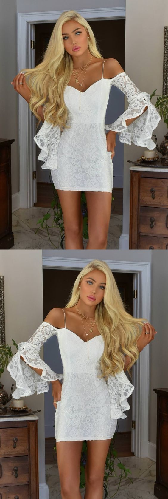 Homecoming Dresses Ida Lace Cocktail Sheath Off-The-Shoulder Bell Sleeves Short White Dress DZ4588