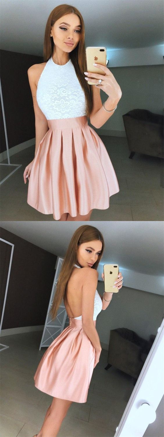 A-Line Halter Backless Short Pleated With Bodice Homecoming Dresses Pink Penny Lace DZ4603