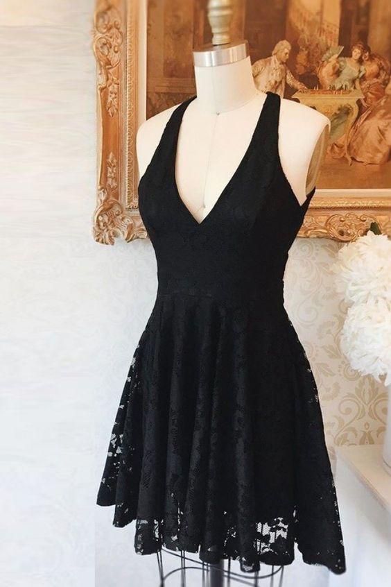Homecoming Dresses Alyson Lace High Low V-Neck Criss-Cross Straps Little Black DZ4613