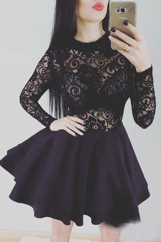 BLACK SHORT WITH LONG SLEEVES Alyson Homecoming Dresses LACE DZ4644