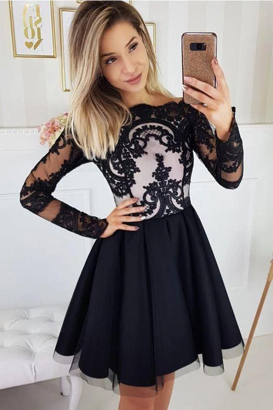 Charming Black Long Sleeves Cheap Short Party Eva Homecoming Dresses Lace Dress DZ4659