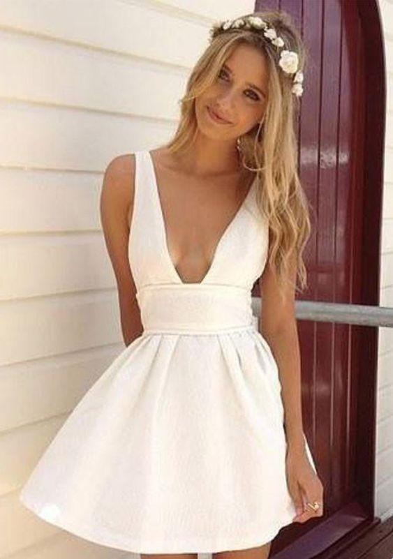 Summer A-Line Deep V-Neck White Short Dress Homecoming Dresses Satin Tabitha DZ4675 Graduation
