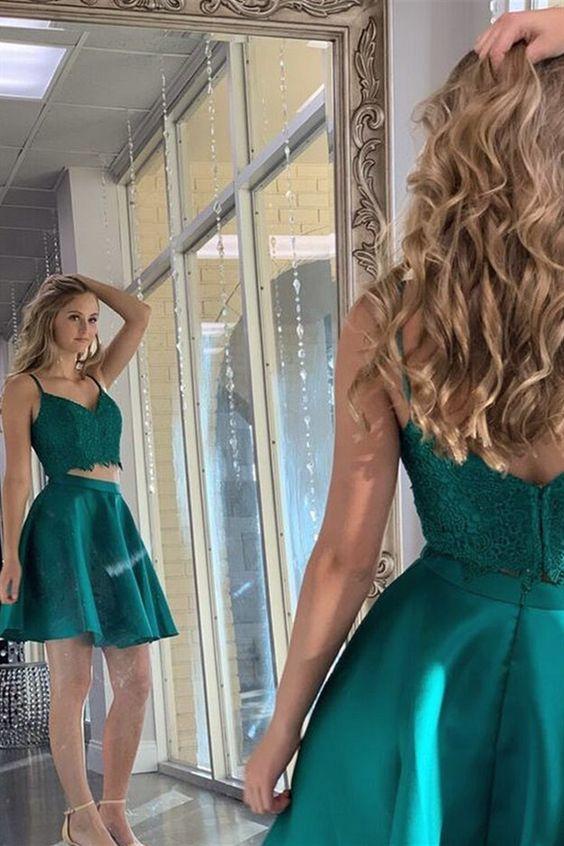 Spaghetti Straps Dark Green With Appliques Homecoming Dresses Gracelyn Two Pieces A Line DZ4703
