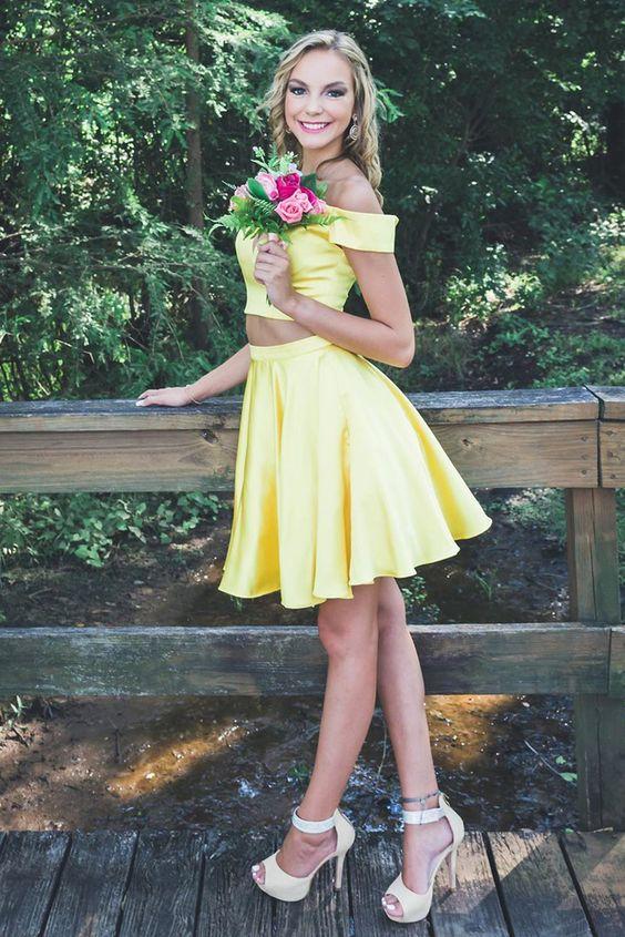 Off The Shoulder Two Homecoming Dresses Norah Piece Party Dress Yellow Short DZ4795