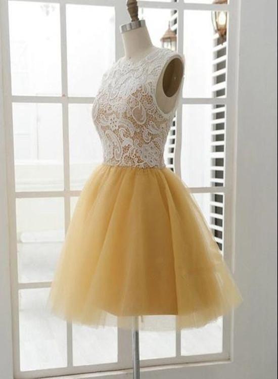 Beautiful Champagne And Tulle Round Melinda Lace Homecoming Dresses Neckline Short Party Dress Lovely DZ4817