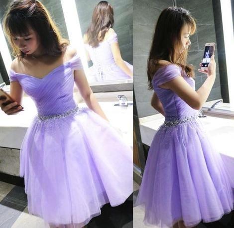 Beautiful Lavender Beaded Homecoming Dresses Johanna Waist Cute Tulle Party Dress Short DZ4842