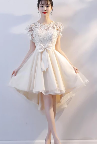 Lovely Homecoming Dresses Skye Lace Champagne High Low Party Dress Cute Tulle DZ4928